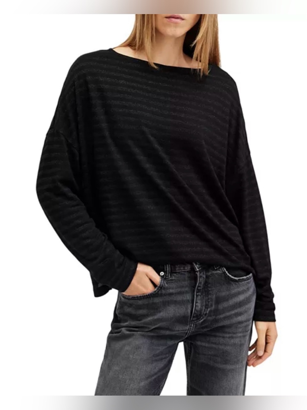 AllSaints Rita Black Shimmer Stripe Boatneck Oversized Long-Sleeve Tee